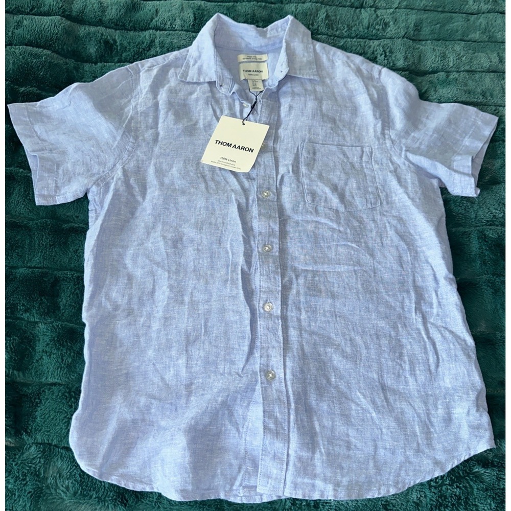 THOM AARON Men Size Medium S/S Shirt 100% Linen European Flax Light Blue